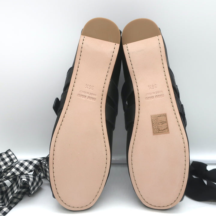Miu Miu Buckled Ankle Tie Ballet Flats Black Leather Size 36.5 NEW