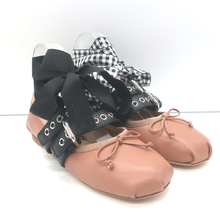 Miu Miu Buckled Ankle Tie Ballet Flats Pink Leather Size 36.5 NEW