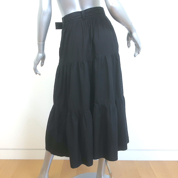 Solid &amp; Striped Belted Tiered Midi Skirt Black Cotton Size Extra Small