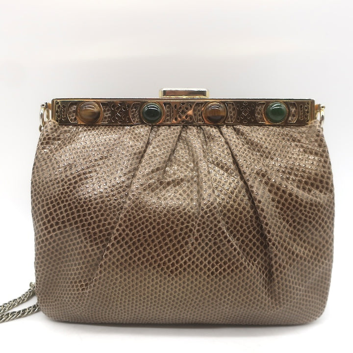 Vintage Judith Leiber Jeweled Lizard Skin Mini Chain Strap Bag Brown