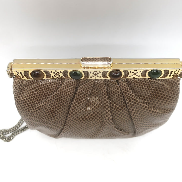 Vintage Judith Leiber Jeweled Lizard Skin Mini Chain Strap Bag Brown