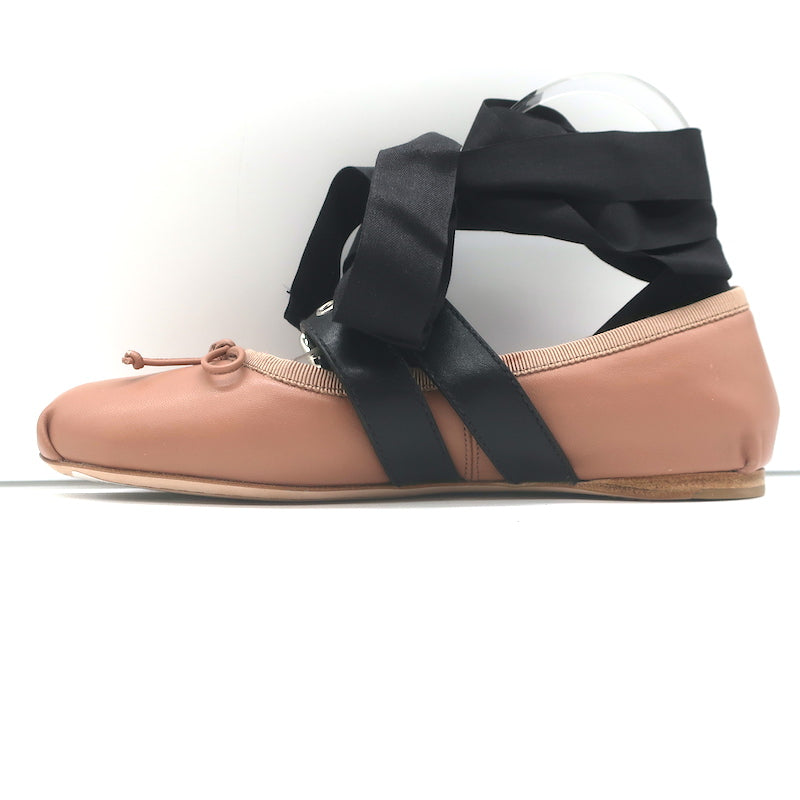 Miu Miu Buckled Ankle Tie Ballet Flats Pink Leather Size 36.5 NEW