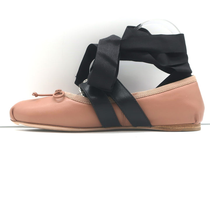 Miu Miu Buckled Ankle Tie Ballet Flats Pink Leather Size 36.5 NEW