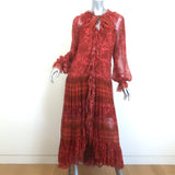 Zimmermann Edie Belted Maxi Dress Red Paisley Print Ruffled Silk Chiffon Size 0