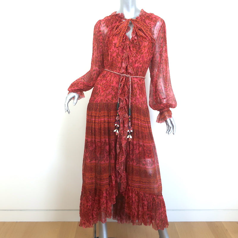 Zimmermann Edie Belted Maxi Dress Red Paisley Print Ruffled Silk Chiff Celebrity Owned Zimmermann Edie Belted Maxi Dress Red Paisley Print Ruffled Silk Chiff Celebrity Owned