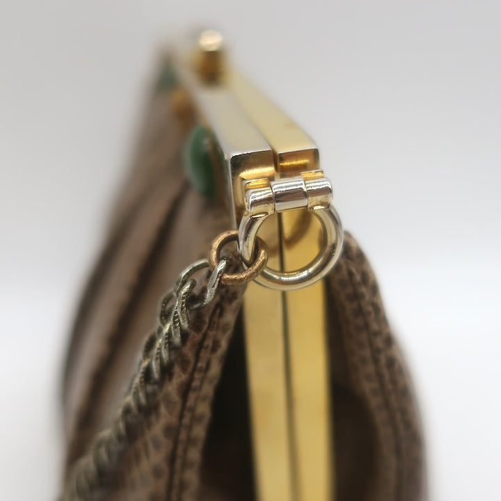 Vintage Judith Leiber Jeweled Lizard Skin Mini Chain Strap Bag Brown