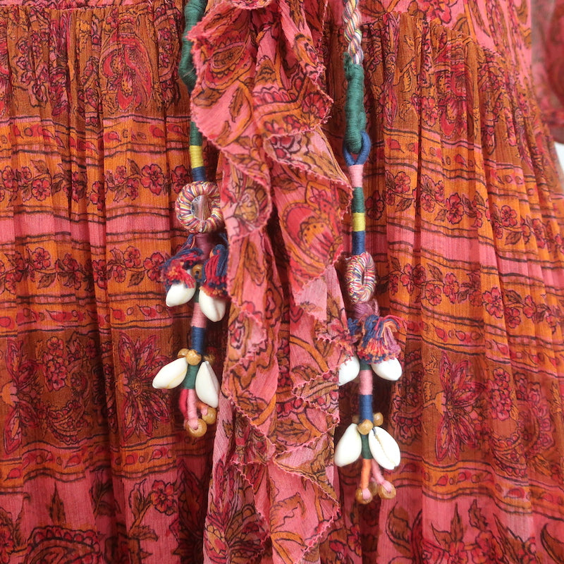 Zimmermann Edie Belted Maxi Dress Red Paisley Print Ruffled Silk Chiffon Size 0