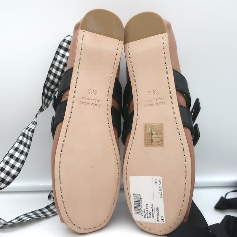 Miu Miu Buckled Ankle Tie Ballet Flats Pink Leather Size 36.5 NEW
