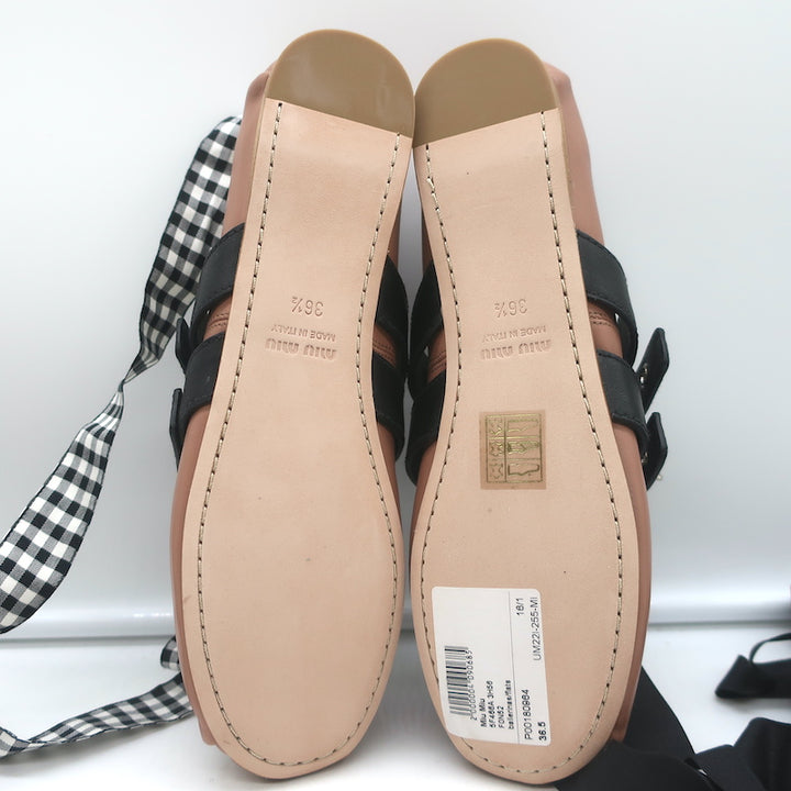 Miu Miu Buckled Ankle Tie Ballet Flats Pink Leather Size 36.5 NEW