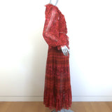 Zimmermann Edie Belted Maxi Dress Red Paisley Print Ruffled Silk Chiffon Size 0