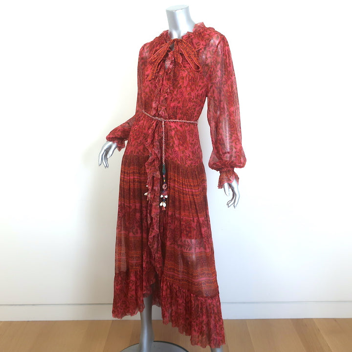 Zimmermann Edie Belted Maxi Dress Red Paisley Print Ruffled Silk Chiffon Size 0