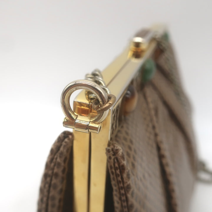 Vintage Judith Leiber Jeweled Lizard Skin Mini Chain Strap Bag Brown
