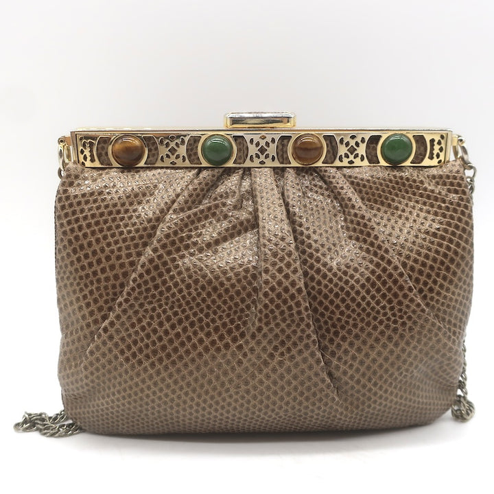 Vintage Judith Leiber Jeweled Lizard Skin Mini Chain Strap Bag Brown