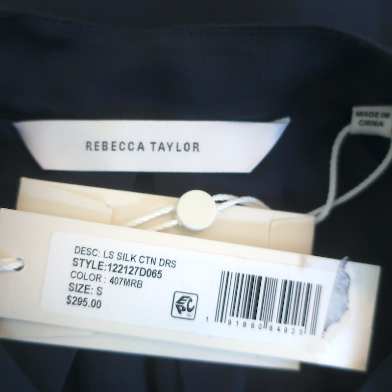 Rebecca Taylor Long Sleeve Mini Dress Navy Cotton-Silk Size Small NEW