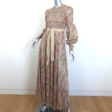 Zimmermann Freja Belted Maxi Dress Beige Paisley Print Smocked Cotton Size 0