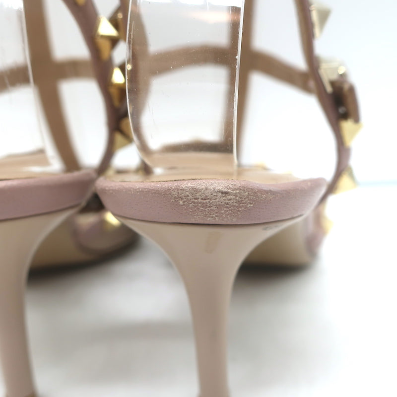 Valentino Rockstud Caged Pumps Poudre Patent Leather Size 36.5 Pointed Toe Heels