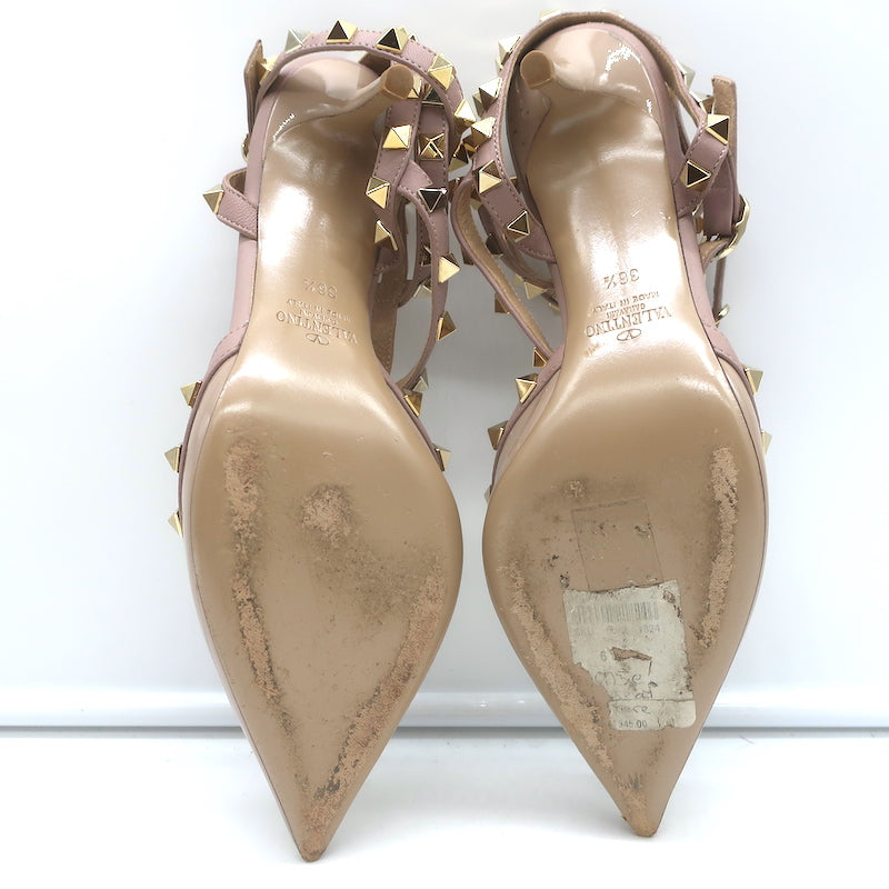 Valentino Rockstud Caged Pumps Poudre Patent Leather Size 36.5 Pointed Toe Heels