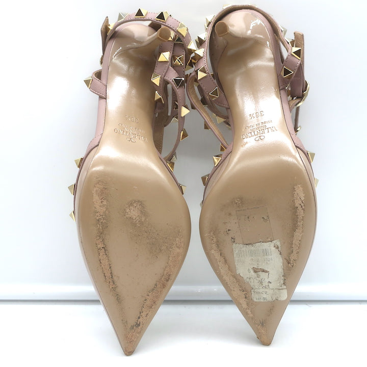 Valentino Rockstud Caged Pumps Poudre Patent Leather Size 36.5 Pointed Toe Heels