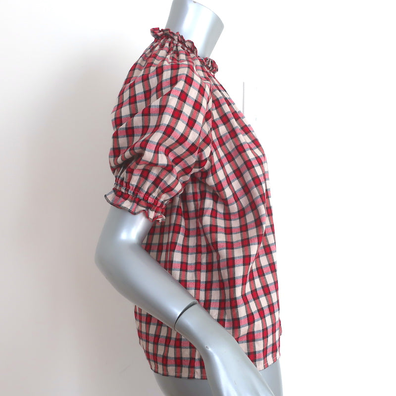 THE GREAT Checked Puff Sleeve Top Red/Ecru Size 0 Button-Up Blouse