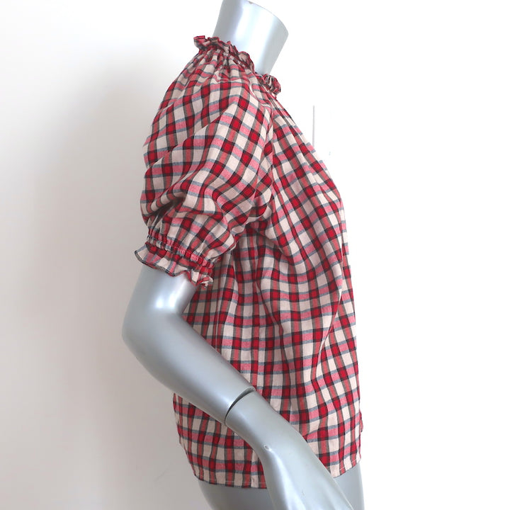 THE GREAT Checked Puff Sleeve Top Red/Ecru Size 0 Button-Up Blouse