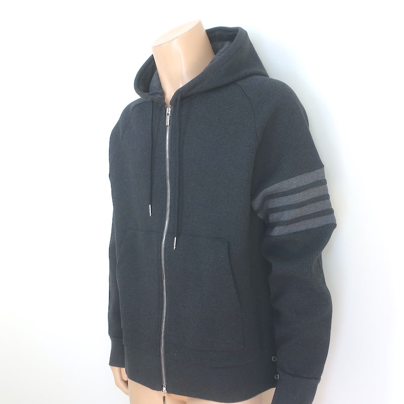Thom Browne 4-Bar Waffle Knit Zip-Up Hoodie Charcoal Size 4