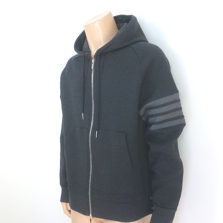 Thom Browne 4-Bar Waffle Knit Zip-Up Hoodie Charcoal Size 4