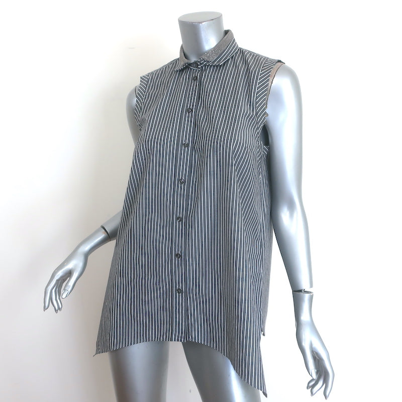 Brunello Cucinelli Monili-Collar Striped Button Down Top Gray/White Size Medium