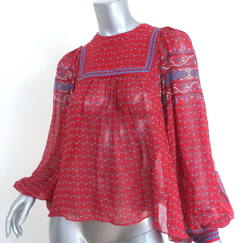 Ulla Johnson Minou Blouse Red Paisley Print Chiffon Size 2 Long Sleeve Top NEW