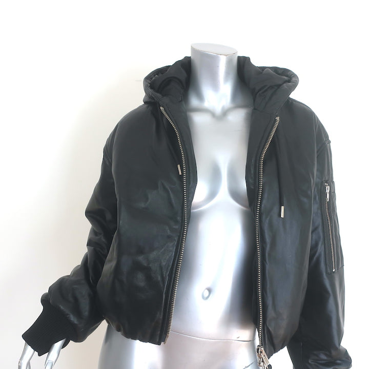Oval Square black leather hooded bomber jacket, authentic luxury pre-owned, gently worn, size XS