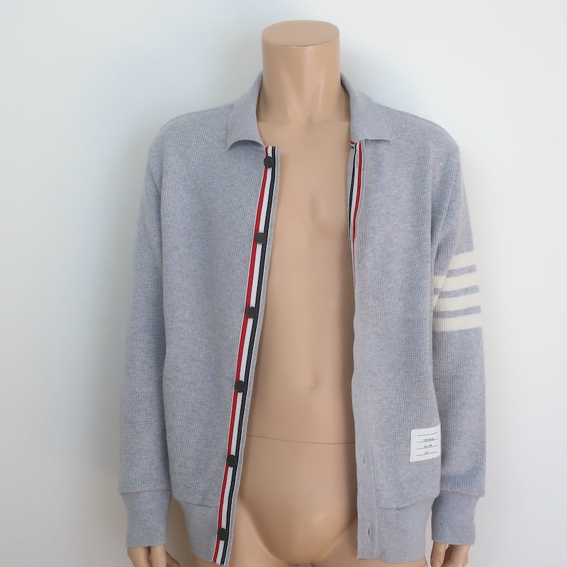 Thom Browne 4-Bar Waffle Knit Collared Cardigan Light Gray Cashmere-Wool Size 4