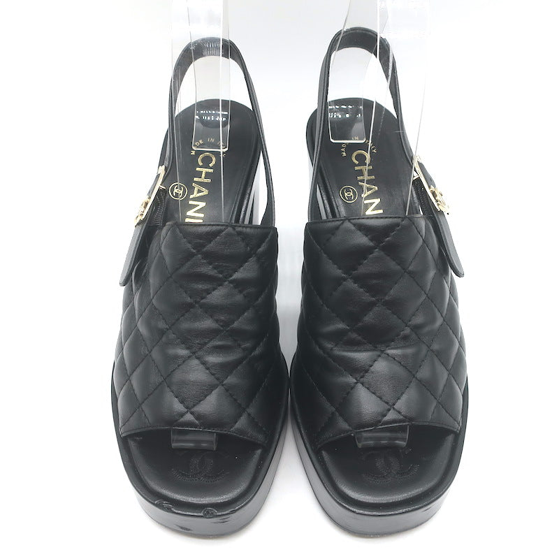 Chanel 24P Quilted Leather CC Platform Slingback Sandals Black Size 36