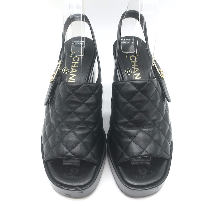 Chanel 24P Quilted Leather CC Platform Slingback Sandals Black Size 36