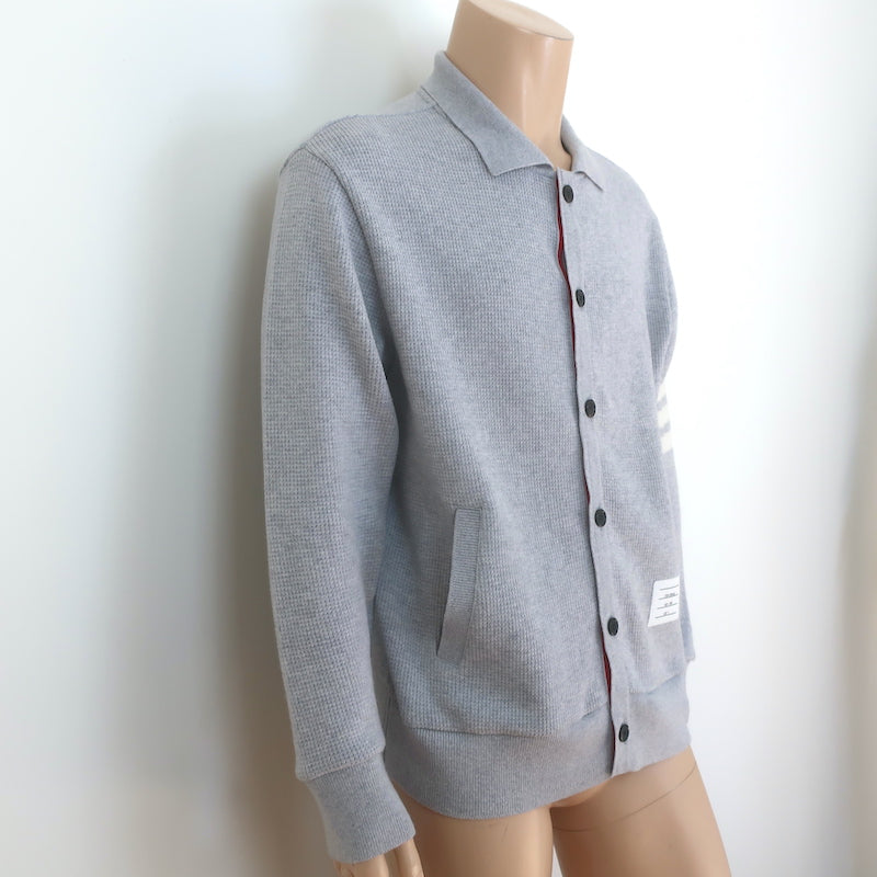 Thom Browne 4-Bar Waffle Knit Collared Cardigan Light Gray Cashmere-Wool Size 4