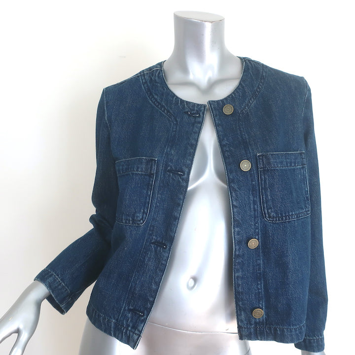 FRAME collarless denim jacket, Cleopatra dark blue denim, authentic pre-owned designer piece