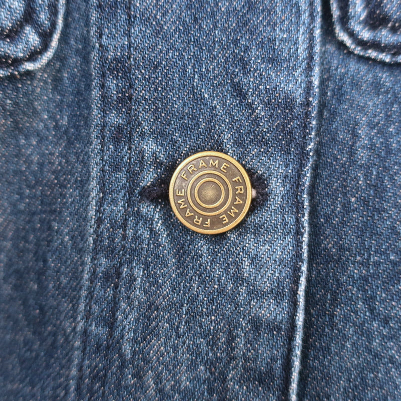 FRAME collarless denim jacket Cleopatra in dark blue denim, size Small, gently pre-owned authentic designer piece.