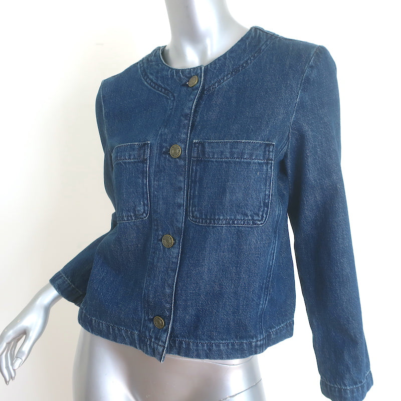 FRAME collarless Cleopatra denim jacket in dark blue, size S — authentic pre-owned luxury, gently worn.