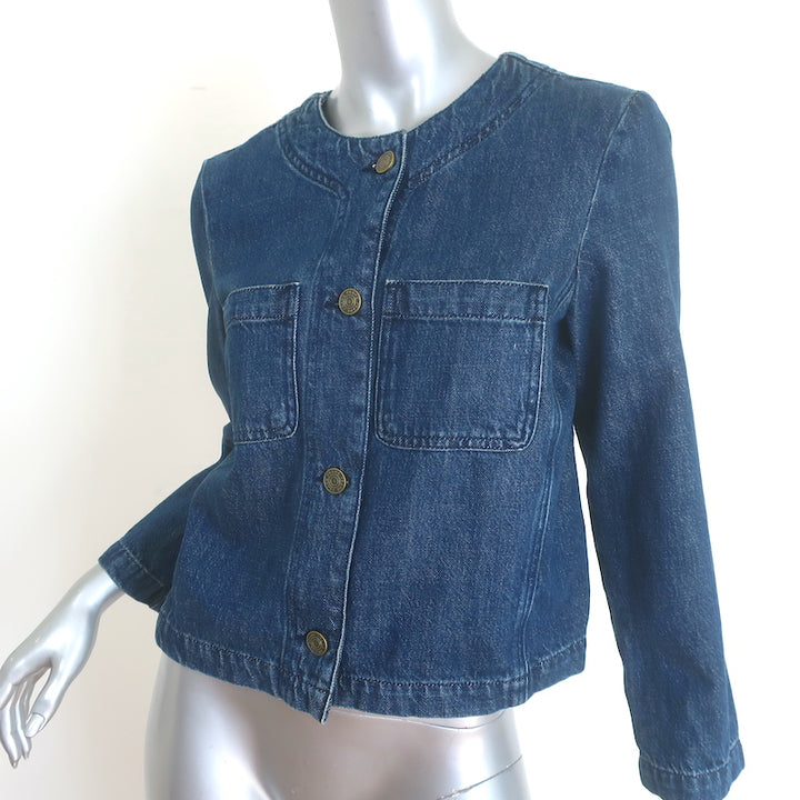 FRAME collarless Cleopatra denim jacket in dark blue, size S — authentic pre-owned luxury, gently worn.
