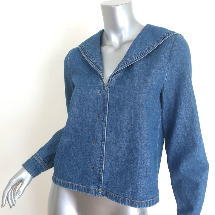 Authentic FRAME denim sailor-collar long-sleeve shirt in blue (70% cotton), size XS, gently pre-owned luxury piece.