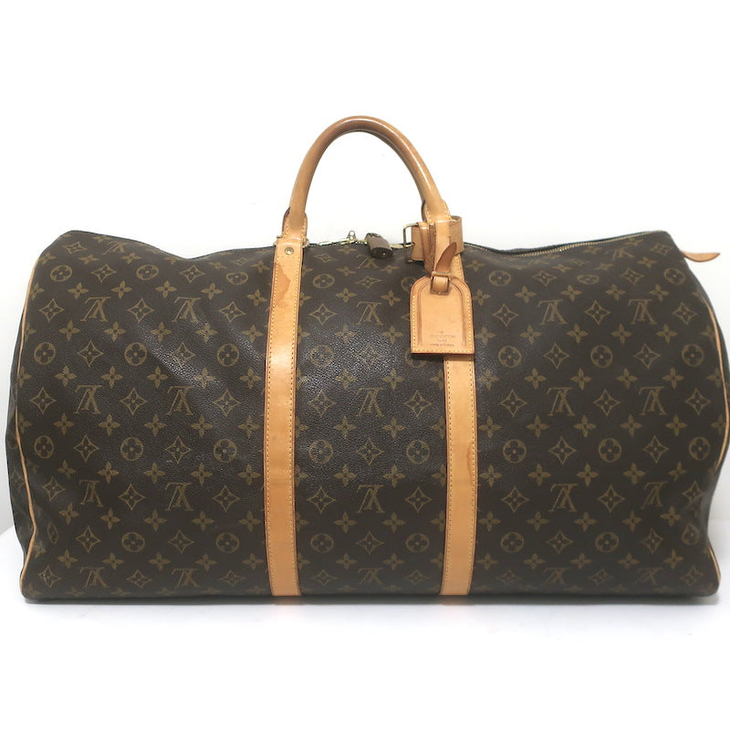 Louis Vuitton Monogram Keepall 60 Duffle Bag Brown Leather-Trim Canvas