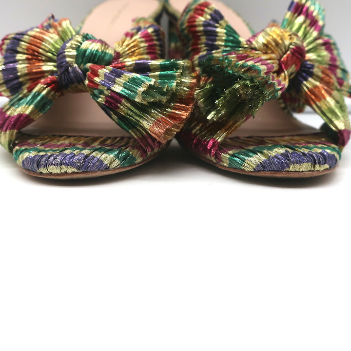 Loeffler Randall Penny Bow Mules Rainbow Pleated Lame Size 8 High Heel Sandals