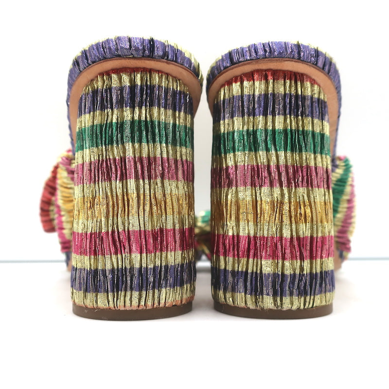Loeffler Randall Penny Bow Mules Rainbow Pleated Lame Size 8 High Heel Sandals
