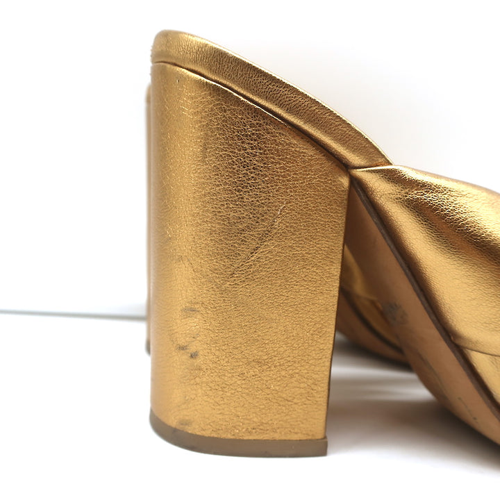 Alumnae Turban Slide Sandals Gold Metallic Leather Size 38 Block Heel Mules