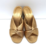 Alumnae Turban Slide Sandals Gold Metallic Leather Size 38 Block Heel Mules