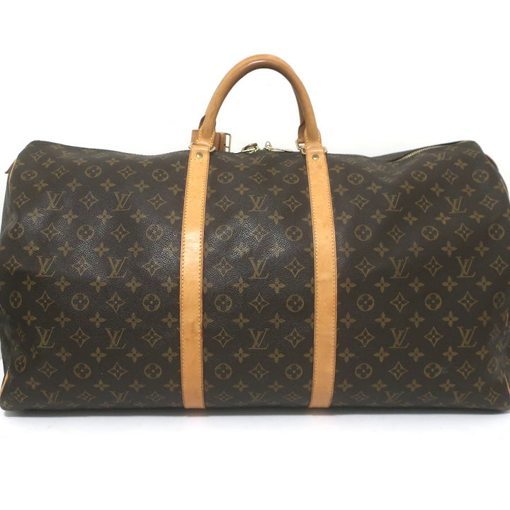 Louis Vuitton Monogram Keepall 60 Duffle Bag Brown Leather-Trim Canvas