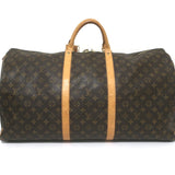 Louis Vuitton Monogram Keepall 60 Duffle Bag Brown Leather-Trim Canvas