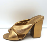 Alumnae Turban Slide Sandals Gold Metallic Leather Size 38 Block Heel Mules