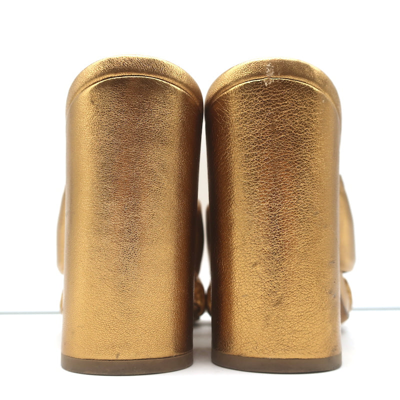 Alumnae Turban Slide Sandals Gold Metallic Leather Size 38 Block Heel Mules