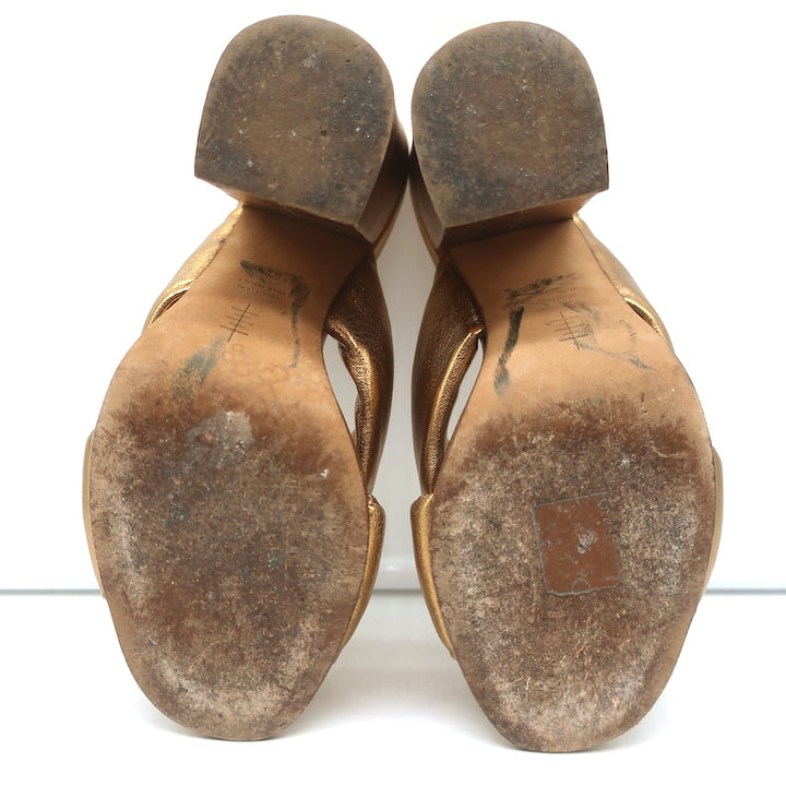 Alumnae Turban Slide Sandals Gold Metallic Leather Size 38 Block Heel Mules