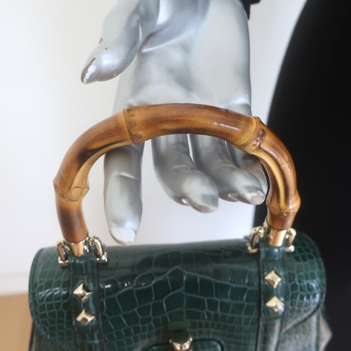 Gucci Crocodile Mini Bamboo Top Handle Bag Emerald