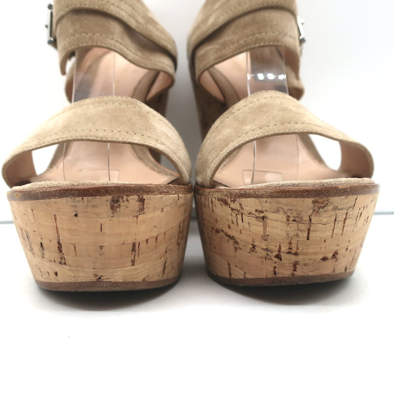 Gianvito Rossi Double Band Cork Platform Wedge Sandals Beige Suede Size 38
